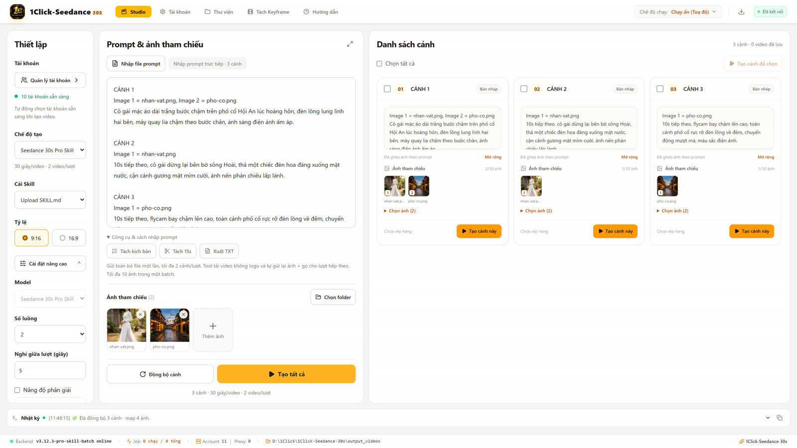 Giao diện Studio của tool 1Click-Seedance 30s: nhập prompt, ảnh tham chiếu và danh sách cảnh